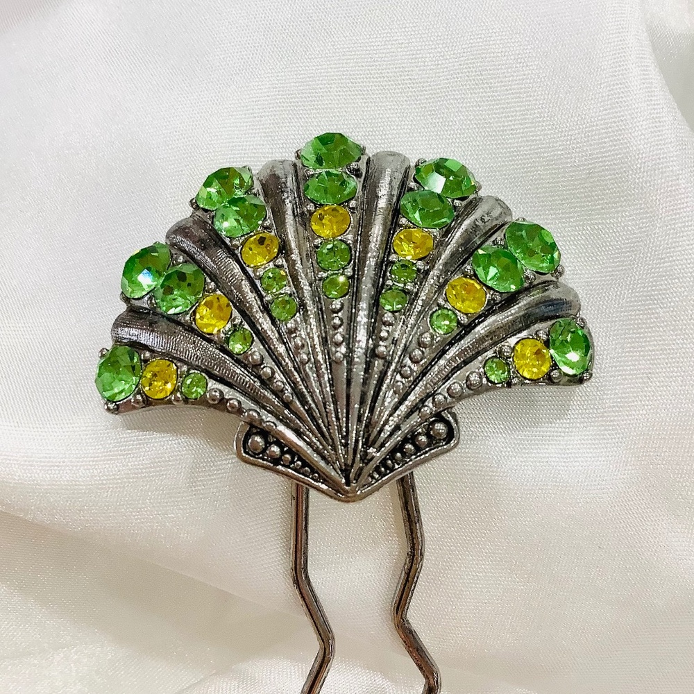 Elegant Vintage Hair Stick Green & Yellow  Crystals on Silver Fan